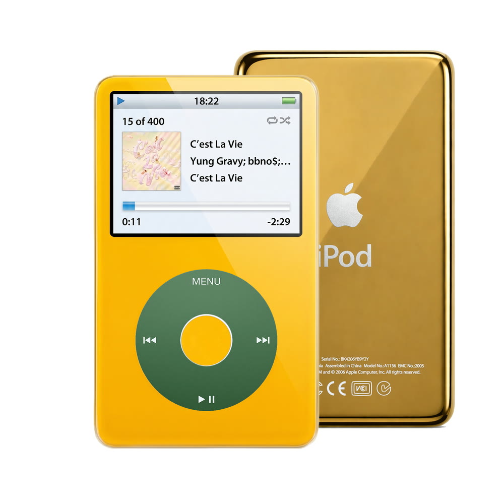 Yellow refurbished iPod Video 5.5 Gen with Green click wheel and Gold back plate