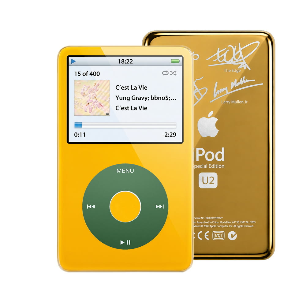 Yellow refurbished iPod Video 5.5 Gen with Green click wheel and Gold U2 back plate