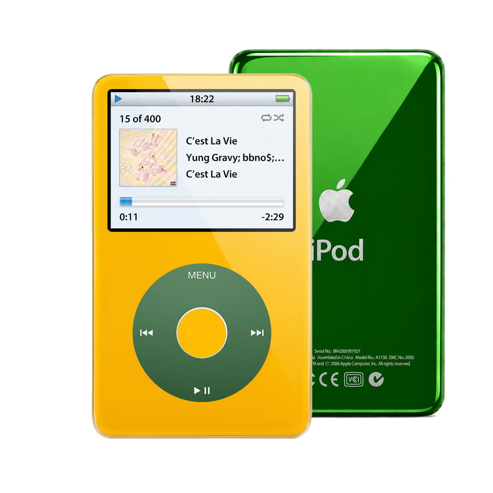 Yellow refurbished iPod Video 5.5 Gen with Green click wheel and Green back plate