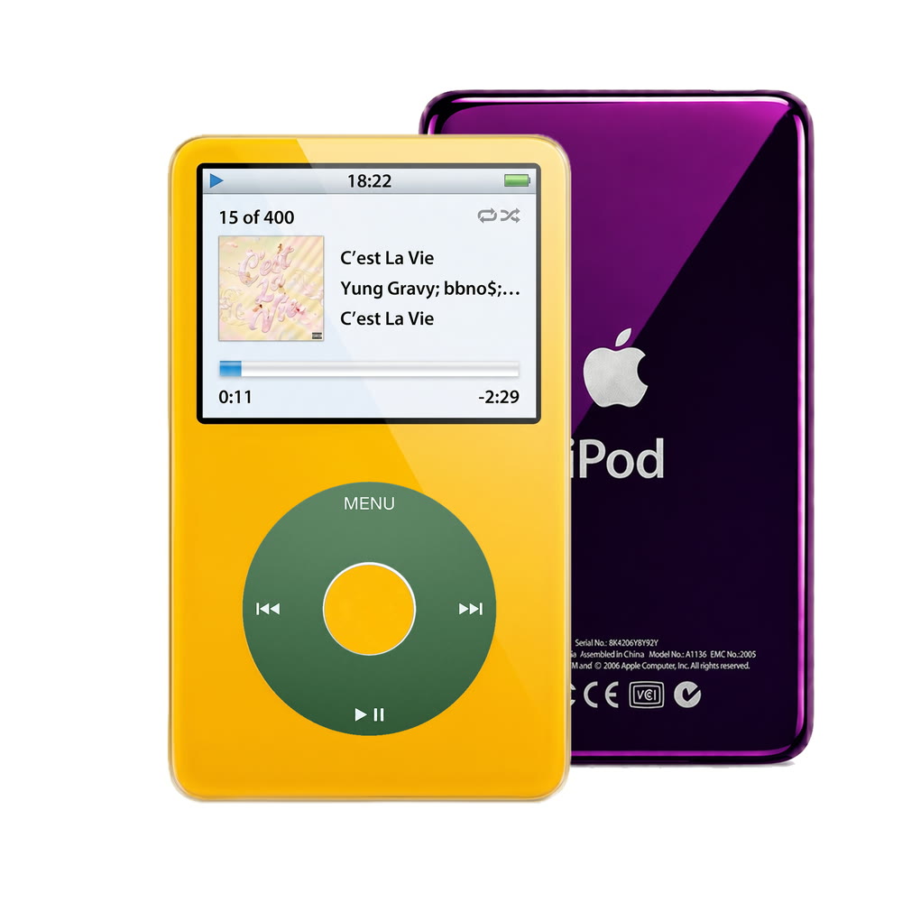 Yellow refurbished iPod Video 5.5 Gen with Green click wheel and Purple back plate