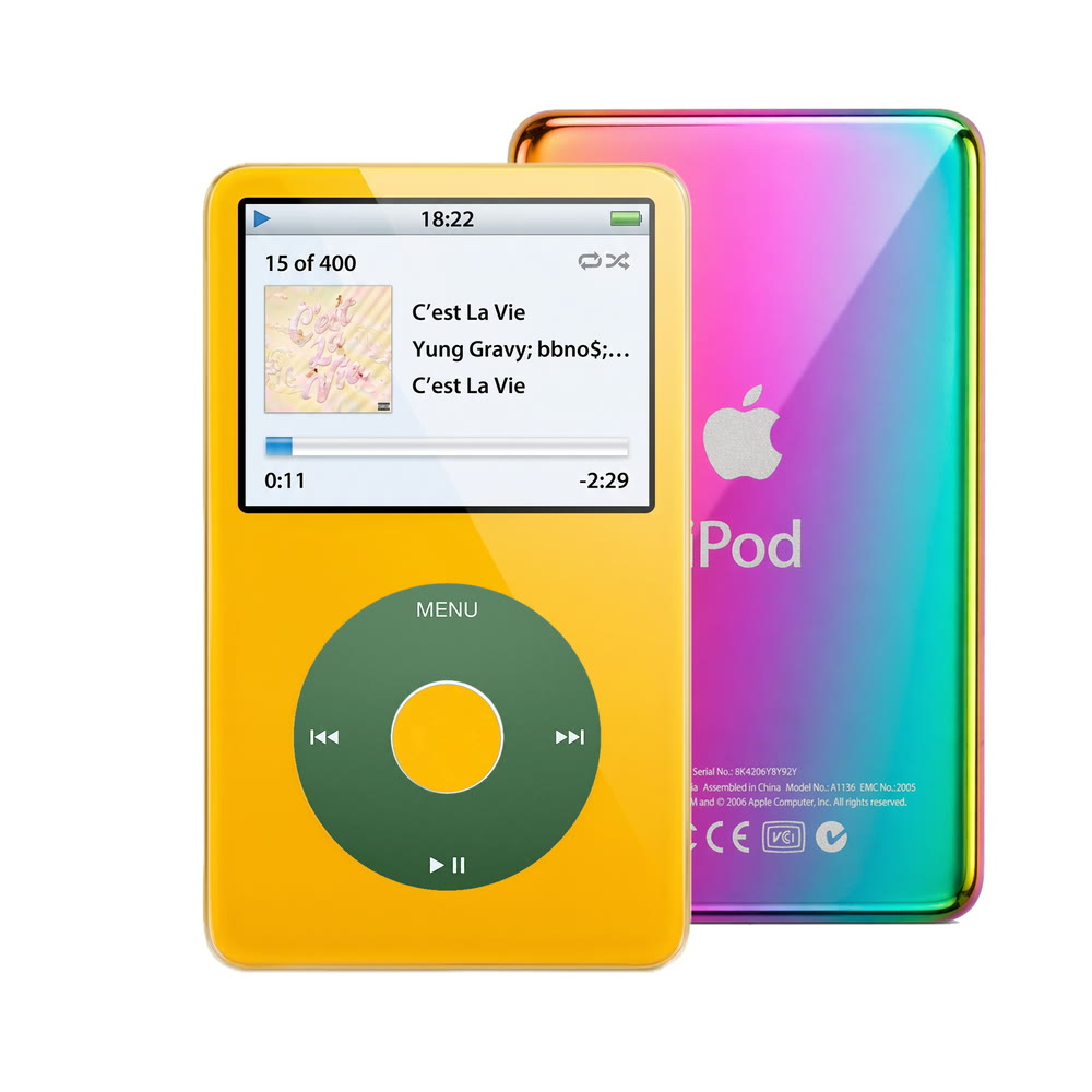 Yellow refurbished iPod Video 5.5 Gen with Green click wheel and Rainbow back plate
