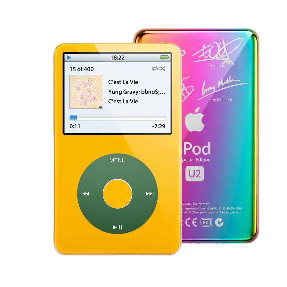 Yellow refurbished iPod Video 5.5 Gen with Green click wheel and Rainbow U2 back plate
