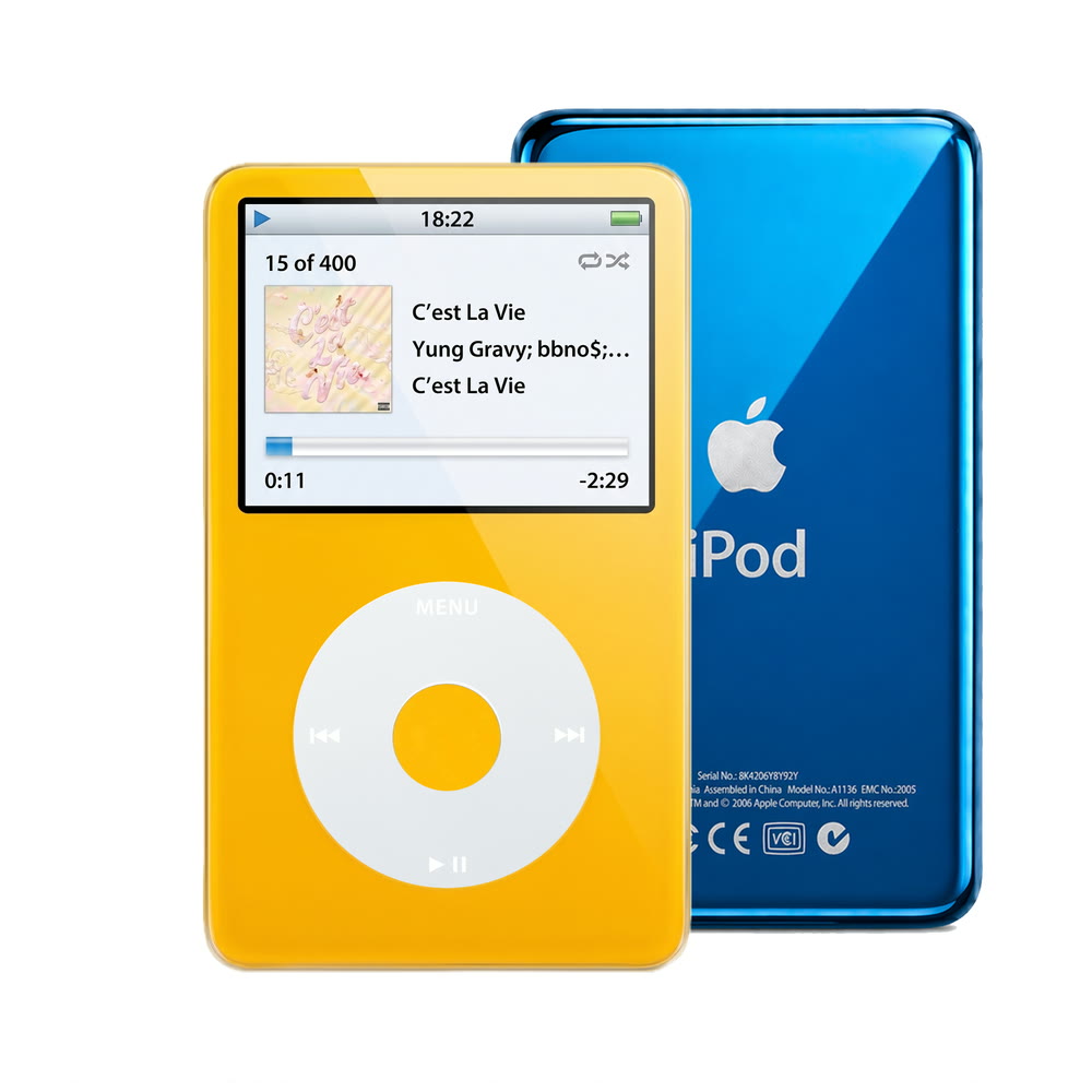 Yellow refurbished iPod Video 5.5 Gen with Gray click wheel and Blue back plate