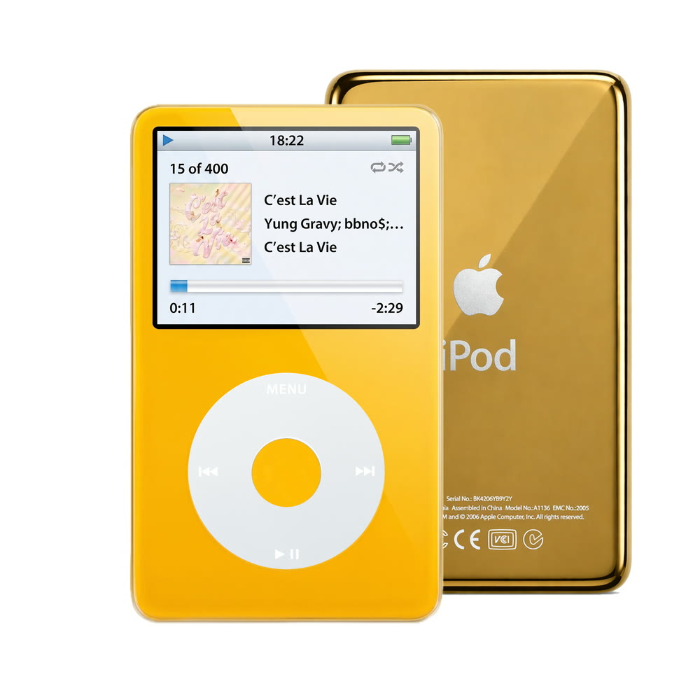 Yellow refurbished iPod Video 5.5 Gen with Gray click wheel and Gold back plate