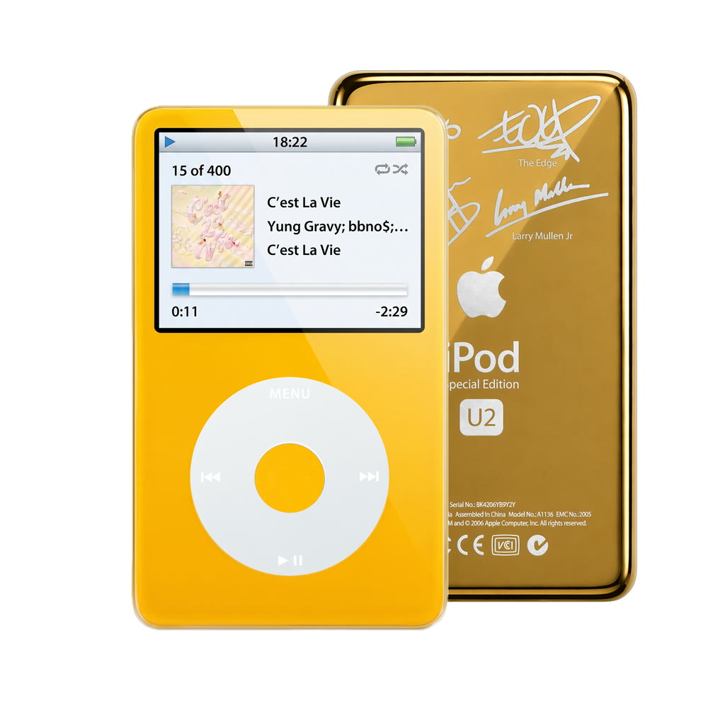 Yellow refurbished iPod Video 5.5 Gen with Gray click wheel and Gold U2 back plate