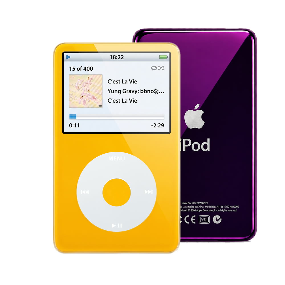 Yellow refurbished iPod Video 5.5 Gen with Gray click wheel and Purple back plate