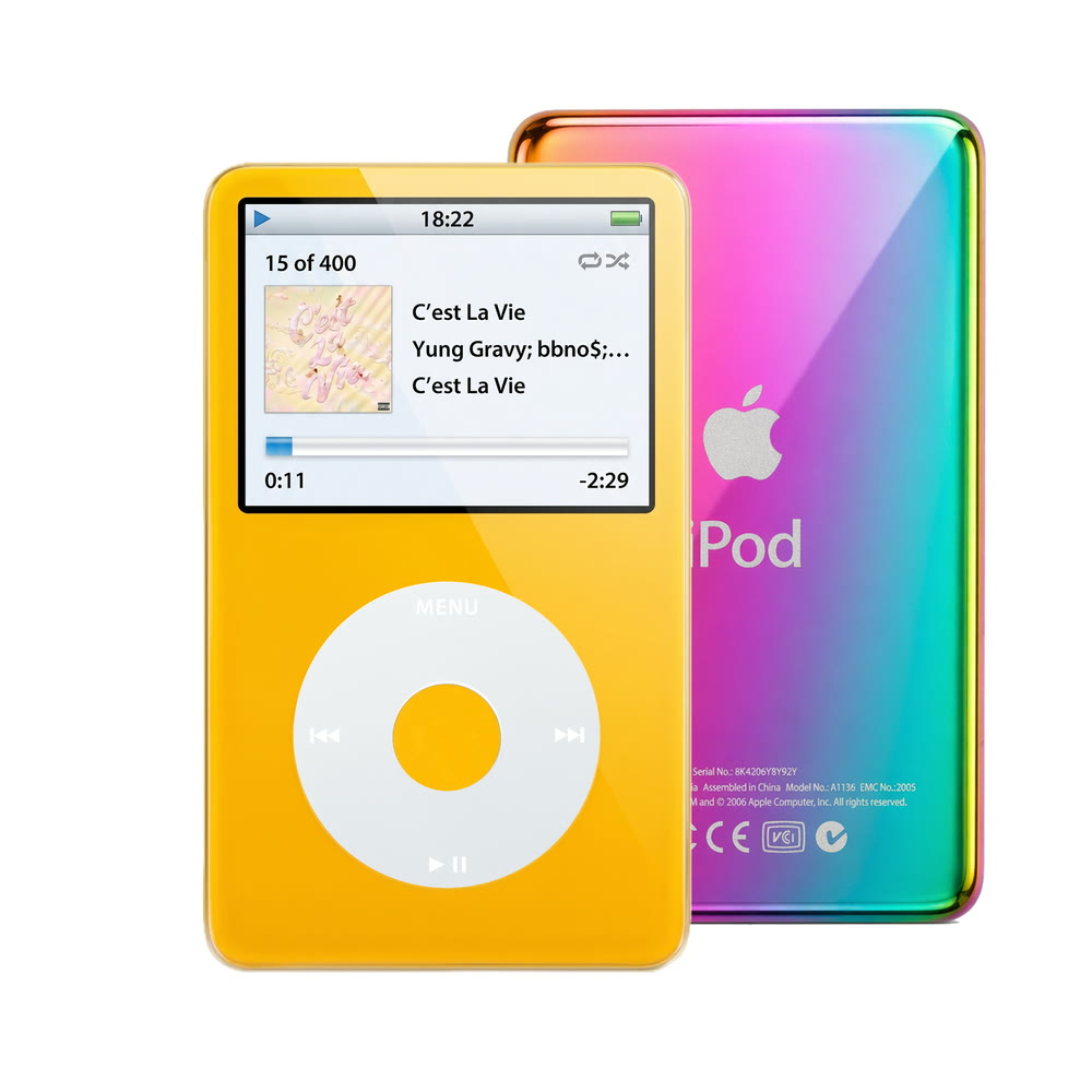 Yellow refurbished iPod Video 5.5 Gen with Gray click wheel and Rainbow back plate