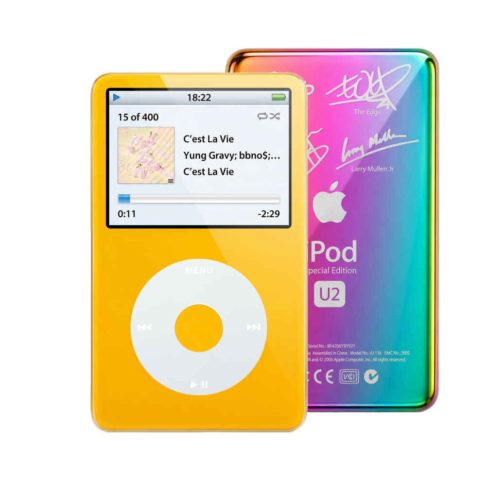 Yellow refurbished iPod Video 5.5 Gen with Gray click wheel and Rainbow U2 back plate
