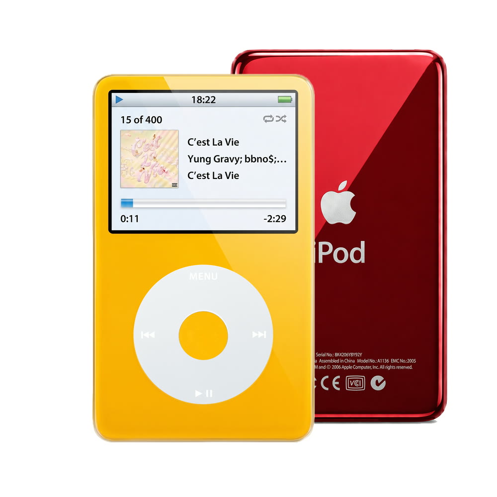 Yellow refurbished iPod Video 5.5 Gen with Gray click wheel and Red back plate
