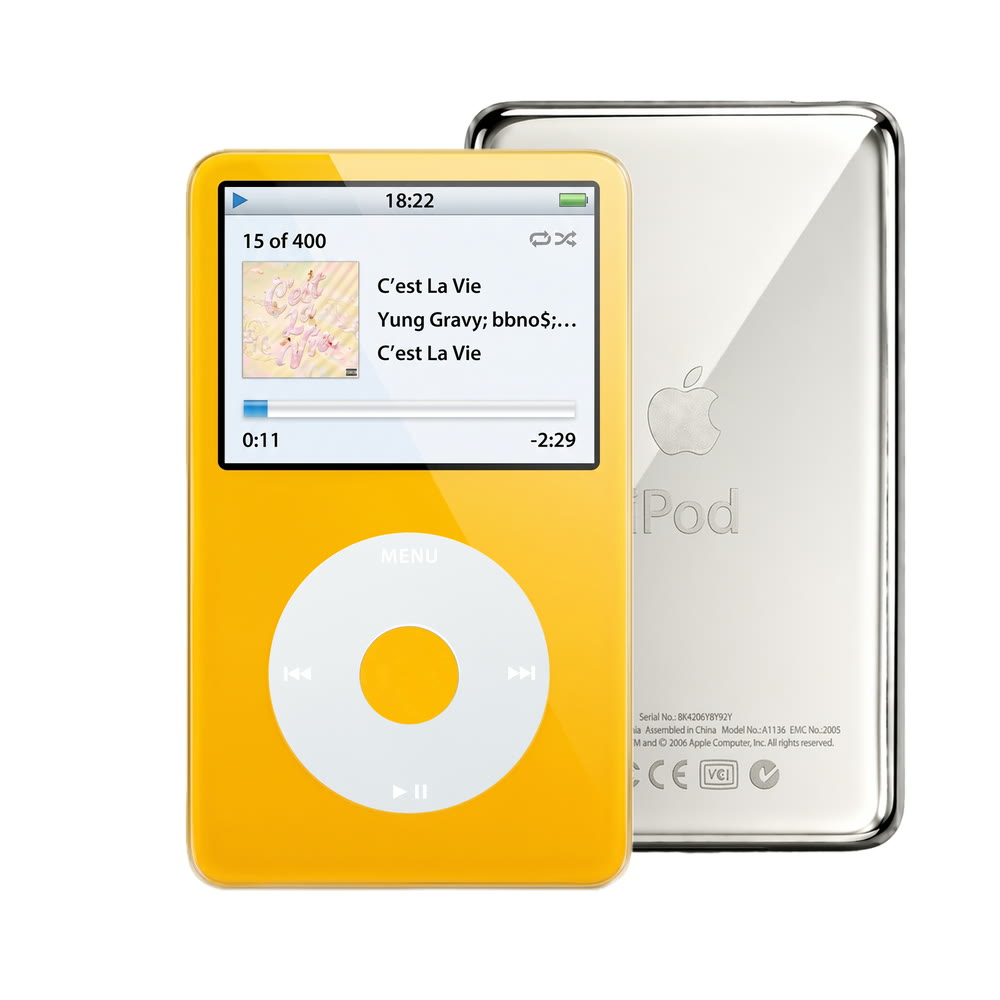 Yellow refurbished iPod Video 5.5 Gen with Gray click wheel and Silver back plate