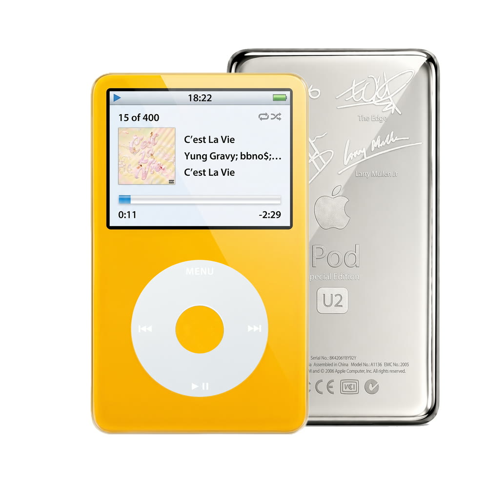 Yellow refurbished iPod Video 5.5 Gen with Gray click wheel and Silver U2 back plate