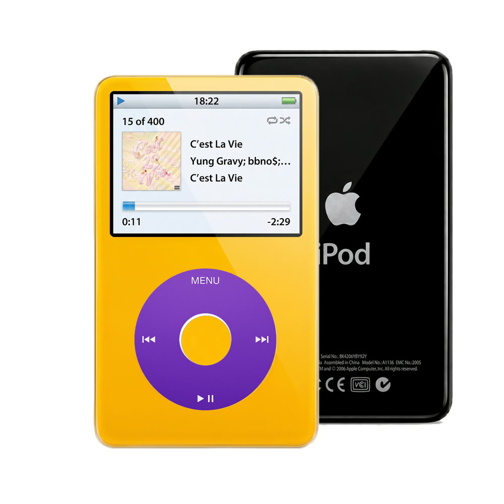 Yellow refurbished iPod Video 5.5 Gen with Purple click wheel and Black back plate