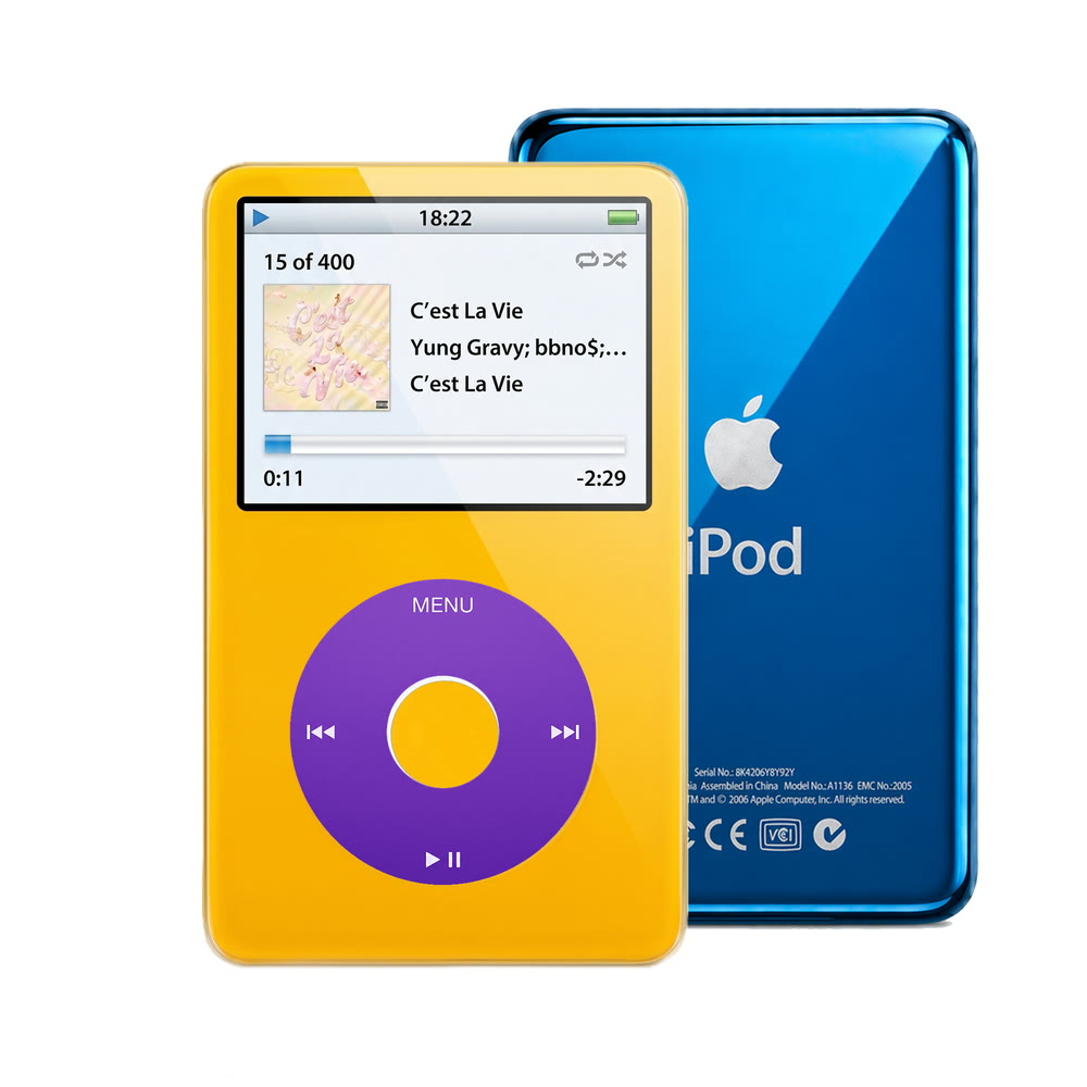 Yellow refurbished iPod Video 5.5 Gen with Purple click wheel and Blue back plate