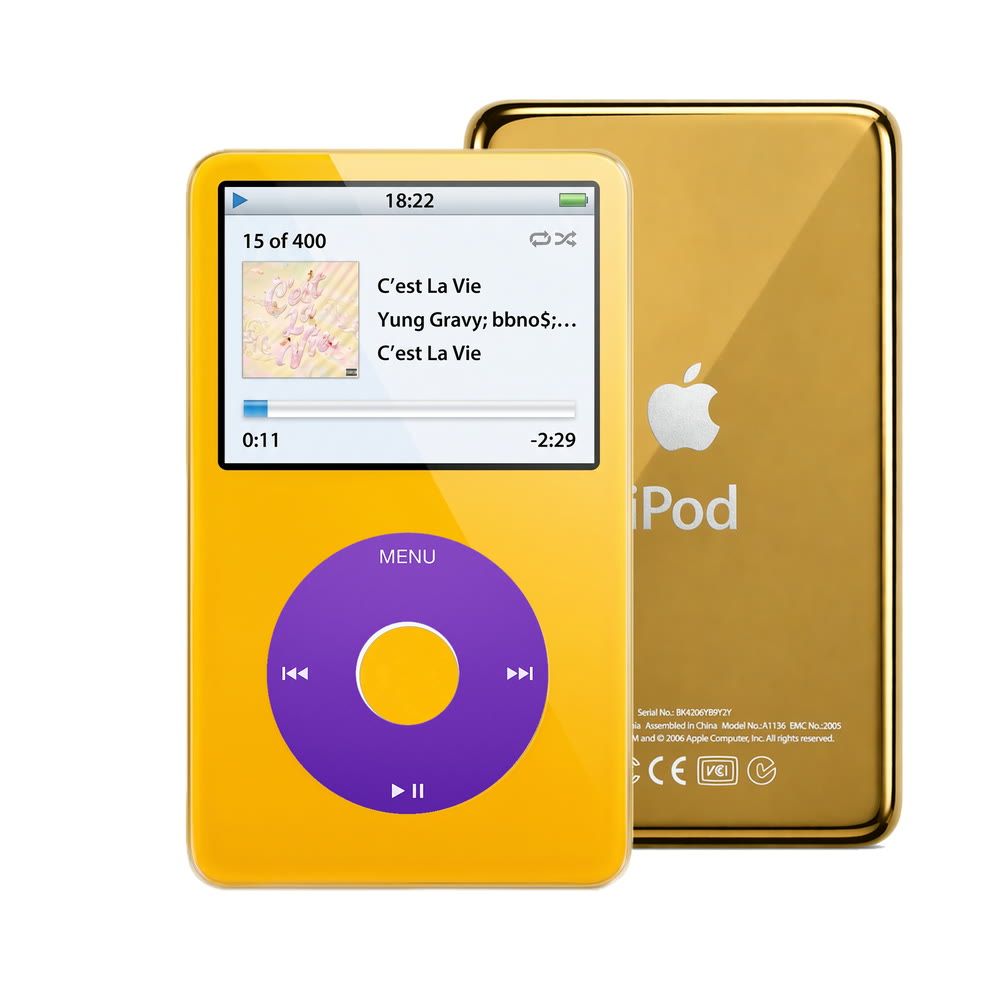 Yellow refurbished iPod Video 5.5 Gen with Purple click wheel and Gold back plate
