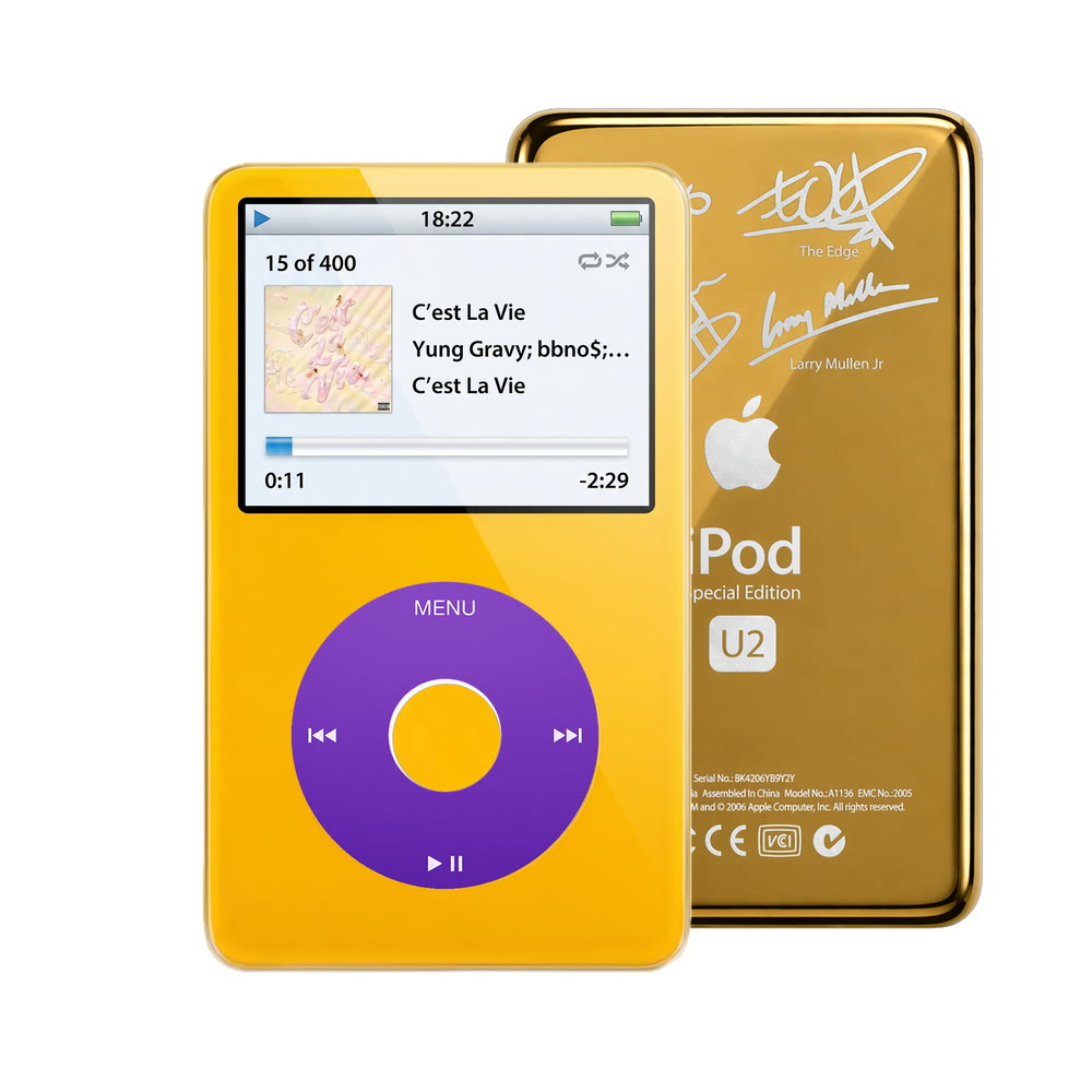 Yellow refurbished iPod Video 5.5 Gen with Purple click wheel and Gold U2 back plate