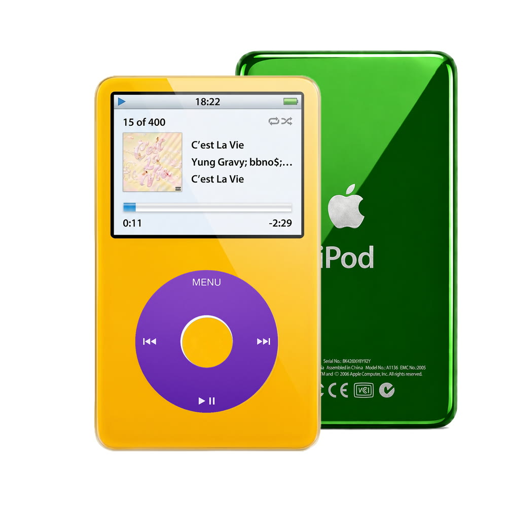 Yellow refurbished iPod Video 5.5 Gen with Purple click wheel and Green back plate