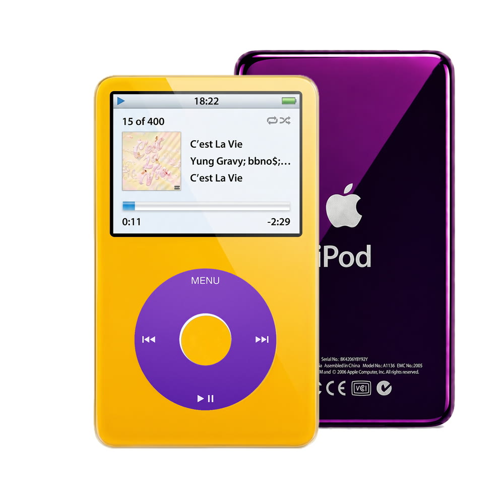 Yellow refurbished iPod Video 5.5 Gen with Purple click wheel and Purple back plate