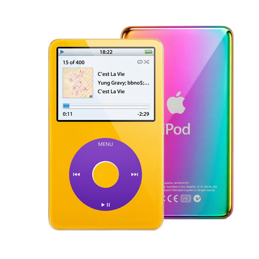Yellow refurbished iPod Video 5.5 Gen with Purple click wheel and Rainbow back plate