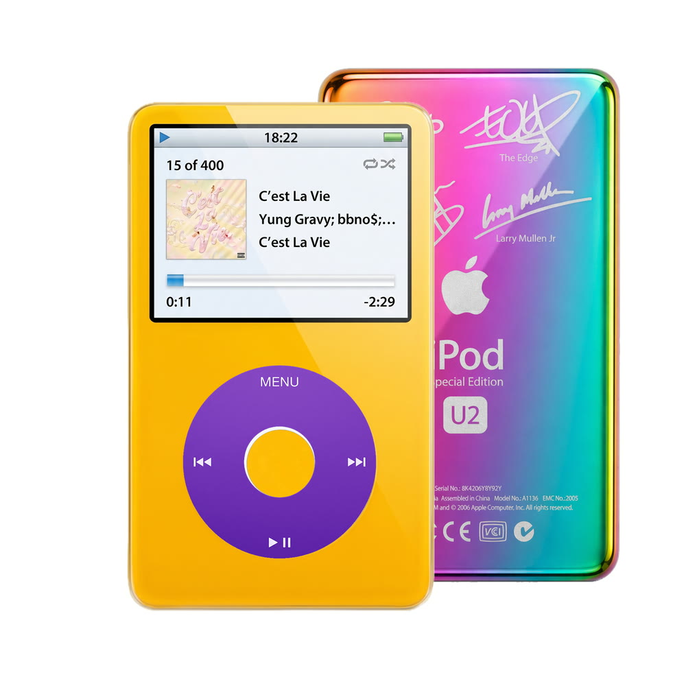 Yellow refurbished iPod Video 5.5 Gen with Purple click wheel and Rainbow U2 back plate
