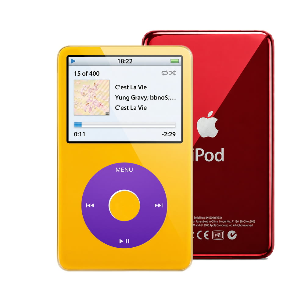 Yellow refurbished iPod Video 5.5 Gen with Purple click wheel and Red back plate