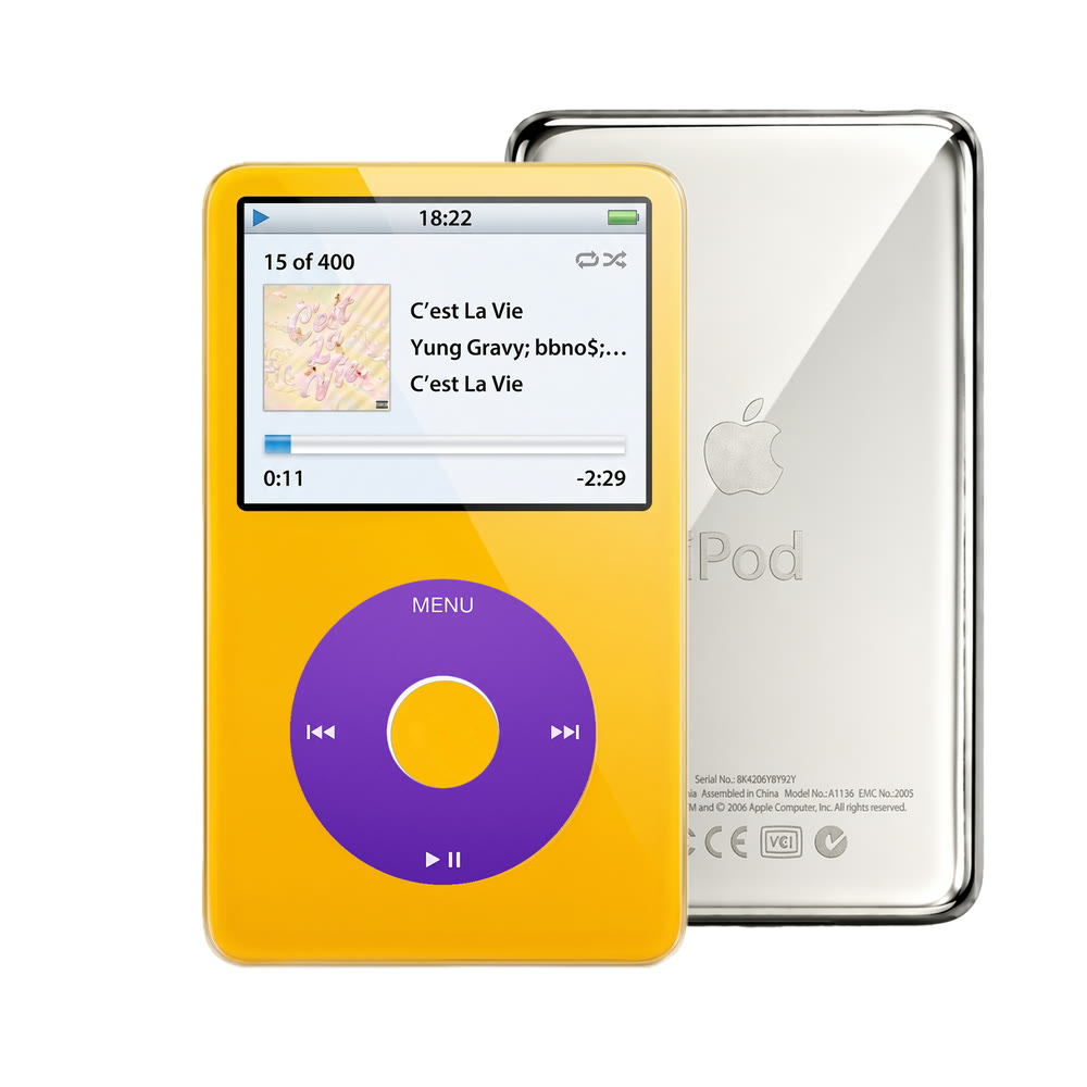 Yellow refurbished iPod Video 5.5 Gen with Purple click wheel and Silver back plate