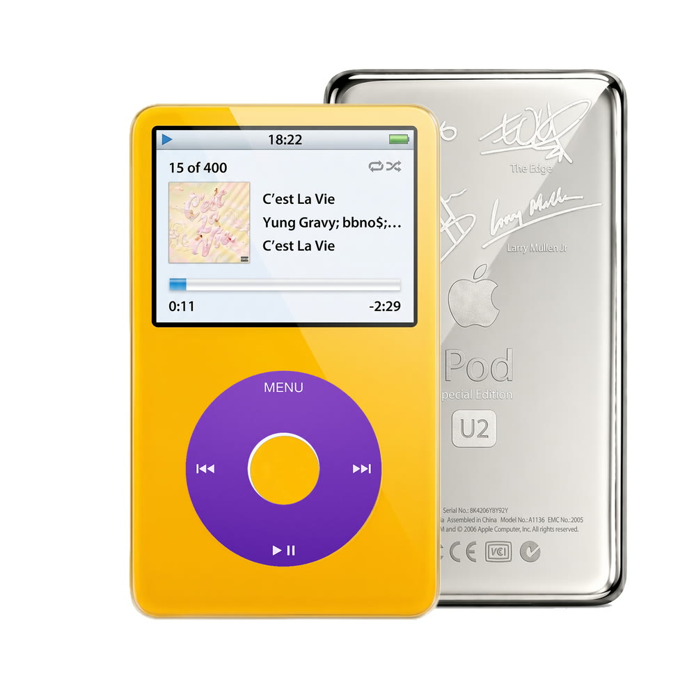 Yellow refurbished iPod Video 5.5 Gen with Purple click wheel and Silver U2 back plate