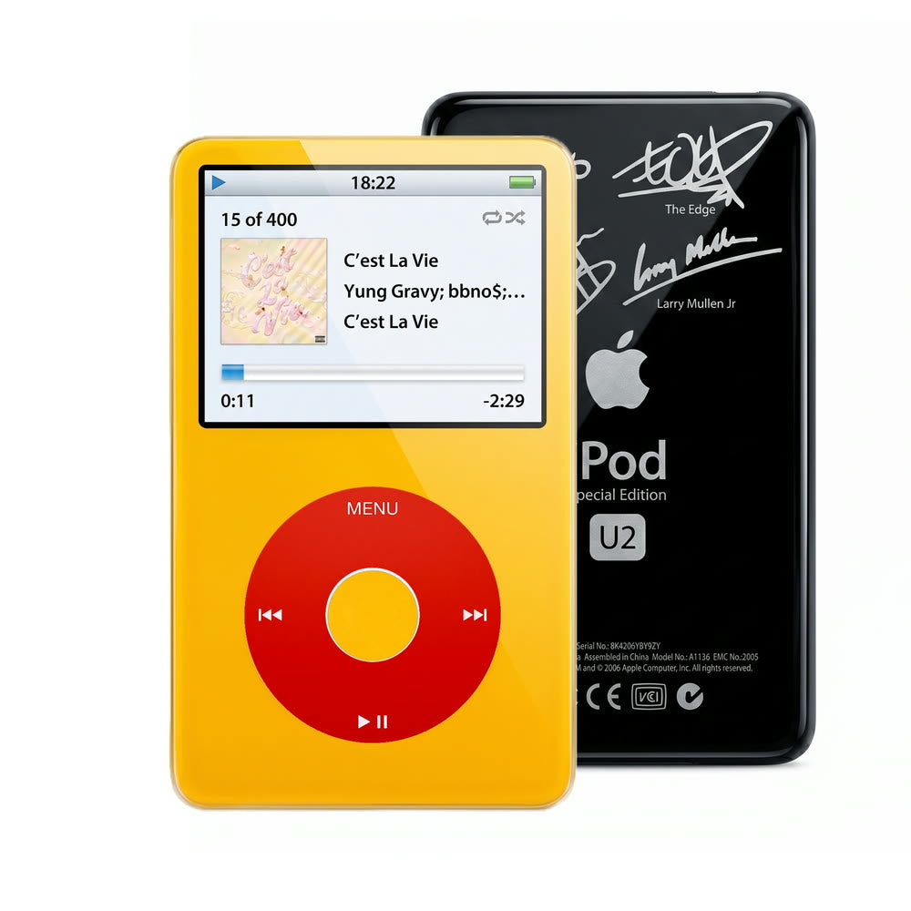 Yellow refurbished iPod Video 5.5 Gen with Red click wheel and Black U2 back plate