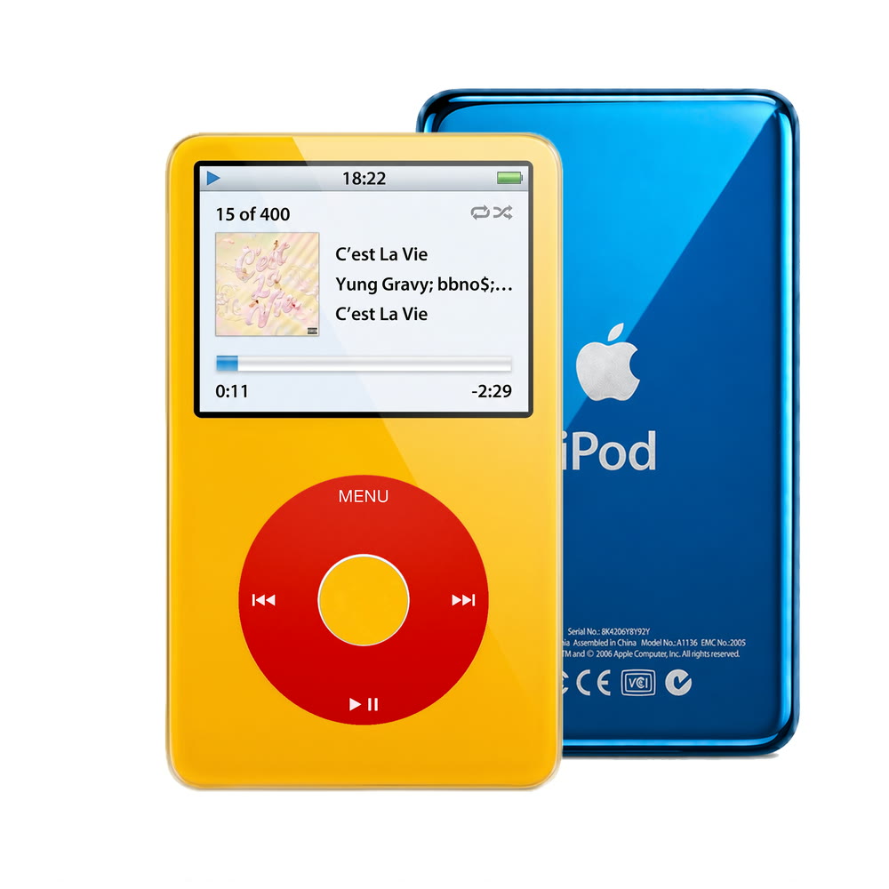 Yellow refurbished iPod Video 5.5 Gen with Red click wheel and Blue back plate