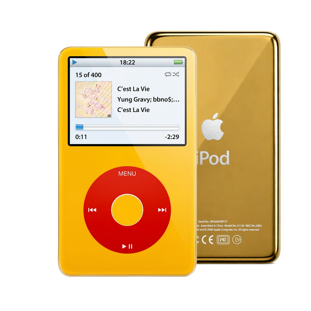 Yellow refurbished iPod Video 5.5 Gen with Red click wheel and Gold back plate