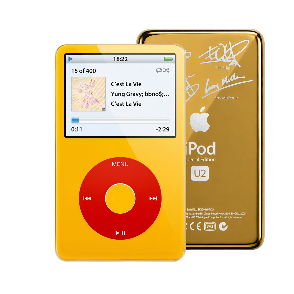 Yellow refurbished iPod Video 5.5 Gen with Red click wheel and Gold U2 back plate