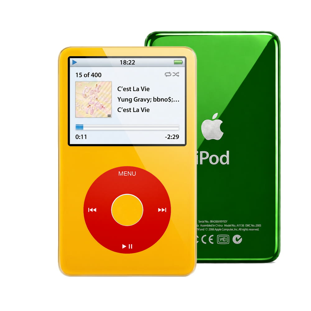 Yellow refurbished iPod Video 5.5 Gen with Red click wheel and Green back plate