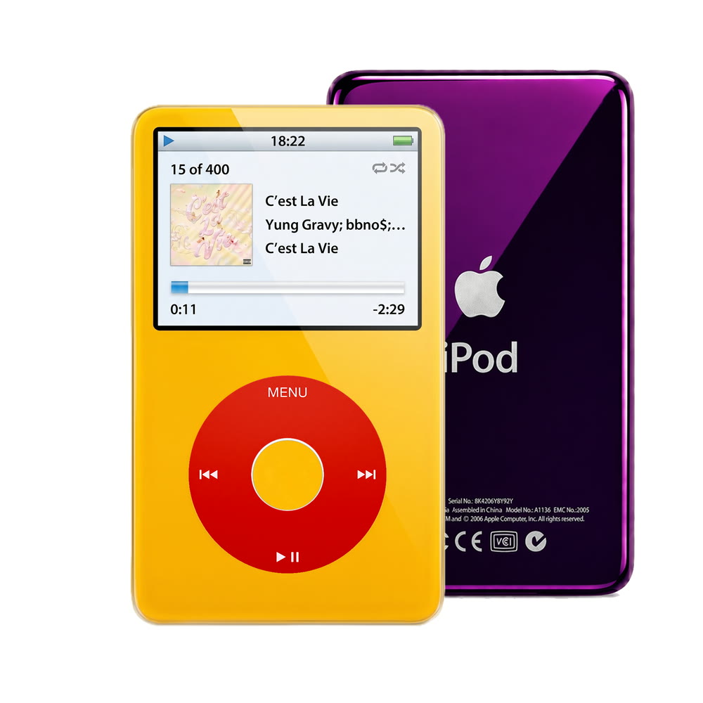 Yellow refurbished iPod Video 5.5 Gen with Red click wheel and Purple back plate