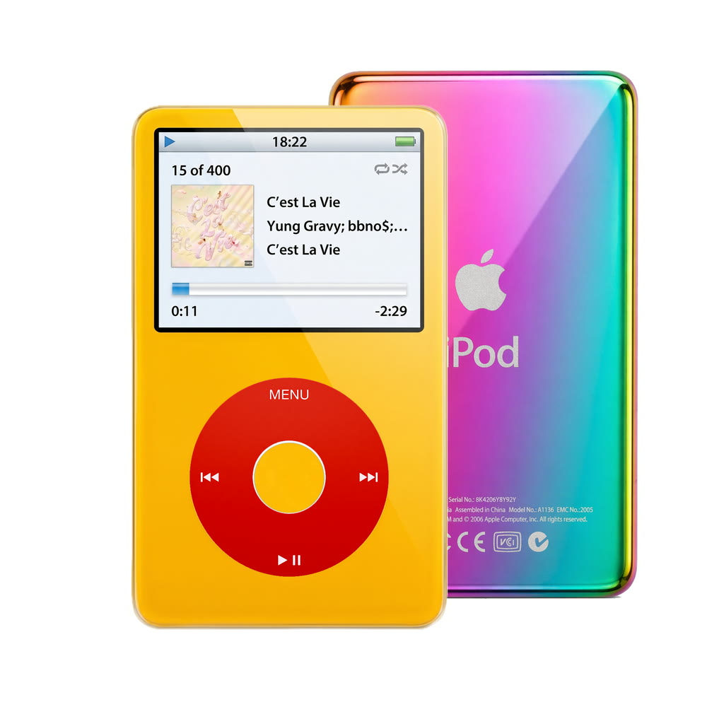 Yellow refurbished iPod Video 5.5 Gen with Red click wheel and Rainbow back plate