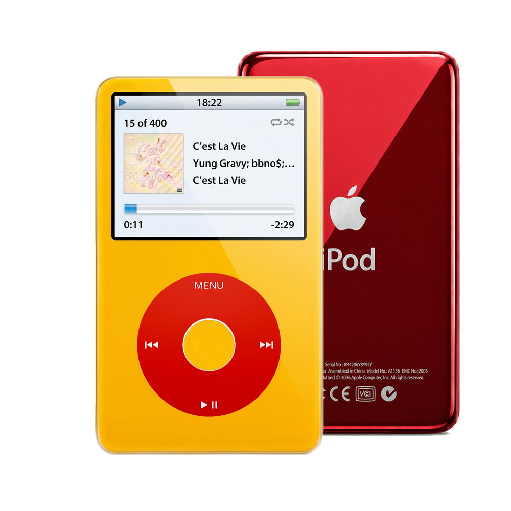 Yellow refurbished iPod Video 5.5 Gen with Red click wheel and Red back plate