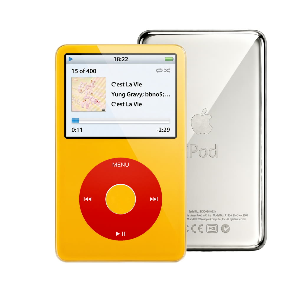 Yellow refurbished iPod Video 5.5 Gen with Red click wheel and Silver back plate