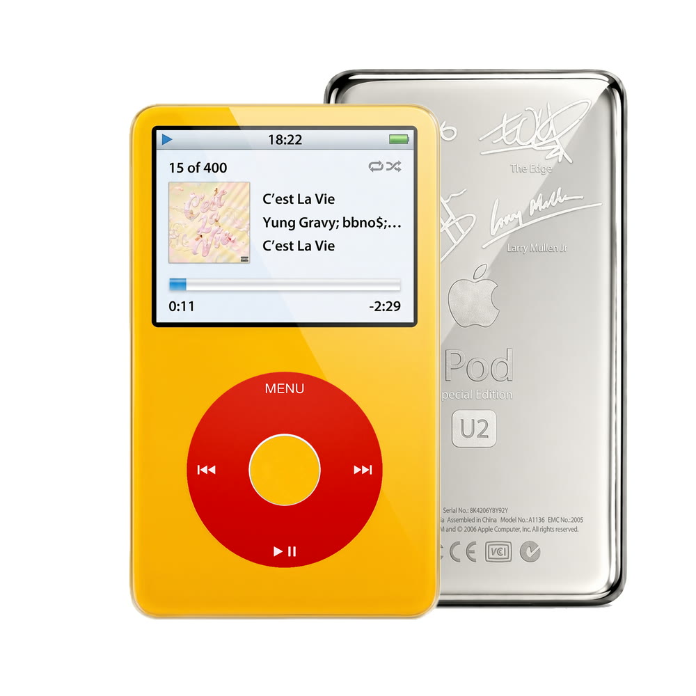 Yellow refurbished iPod Video 5.5 Gen with Red click wheel and Silver U2 back plate