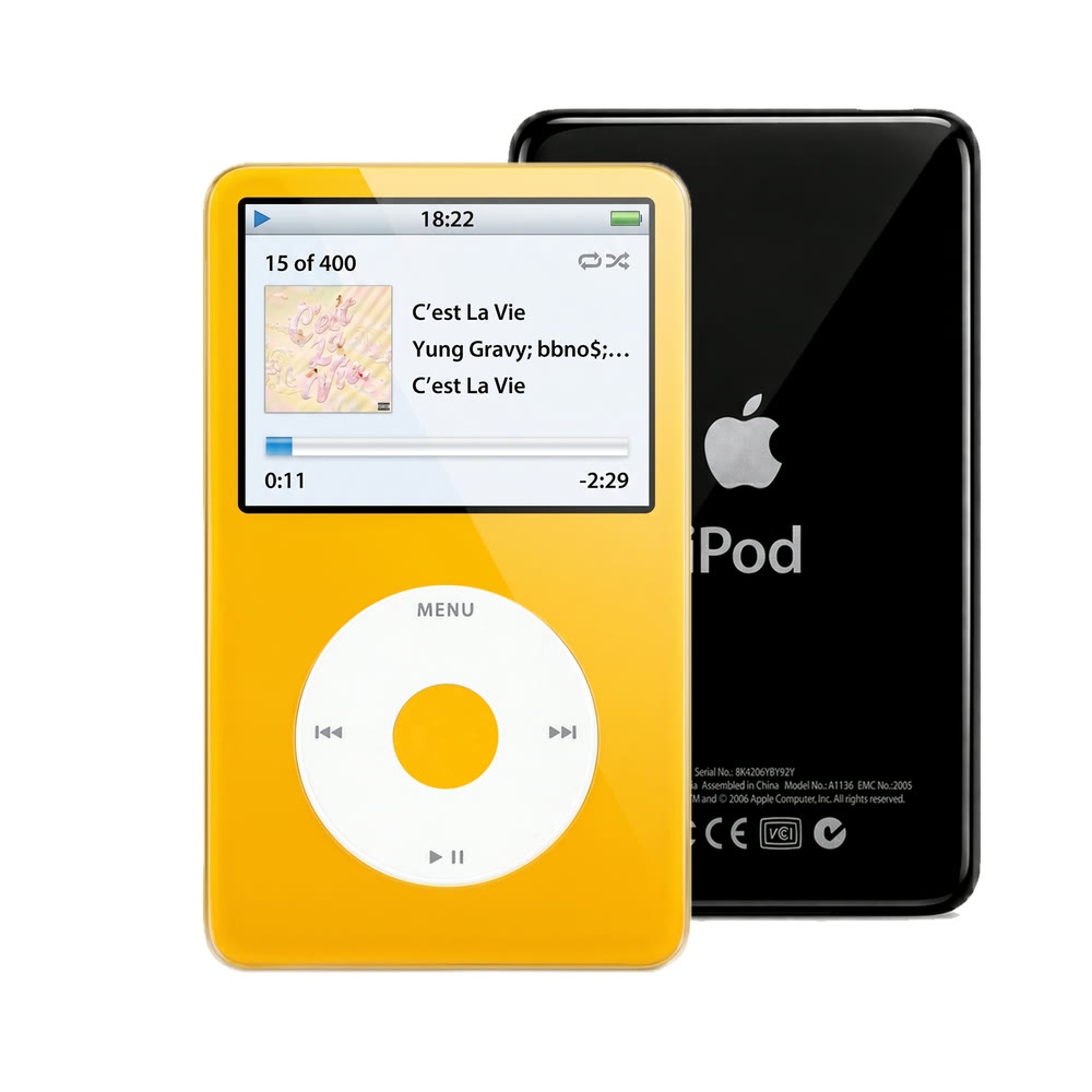 Yellow refurbished iPod Video 5.5 Gen with White click wheel and Black back plate