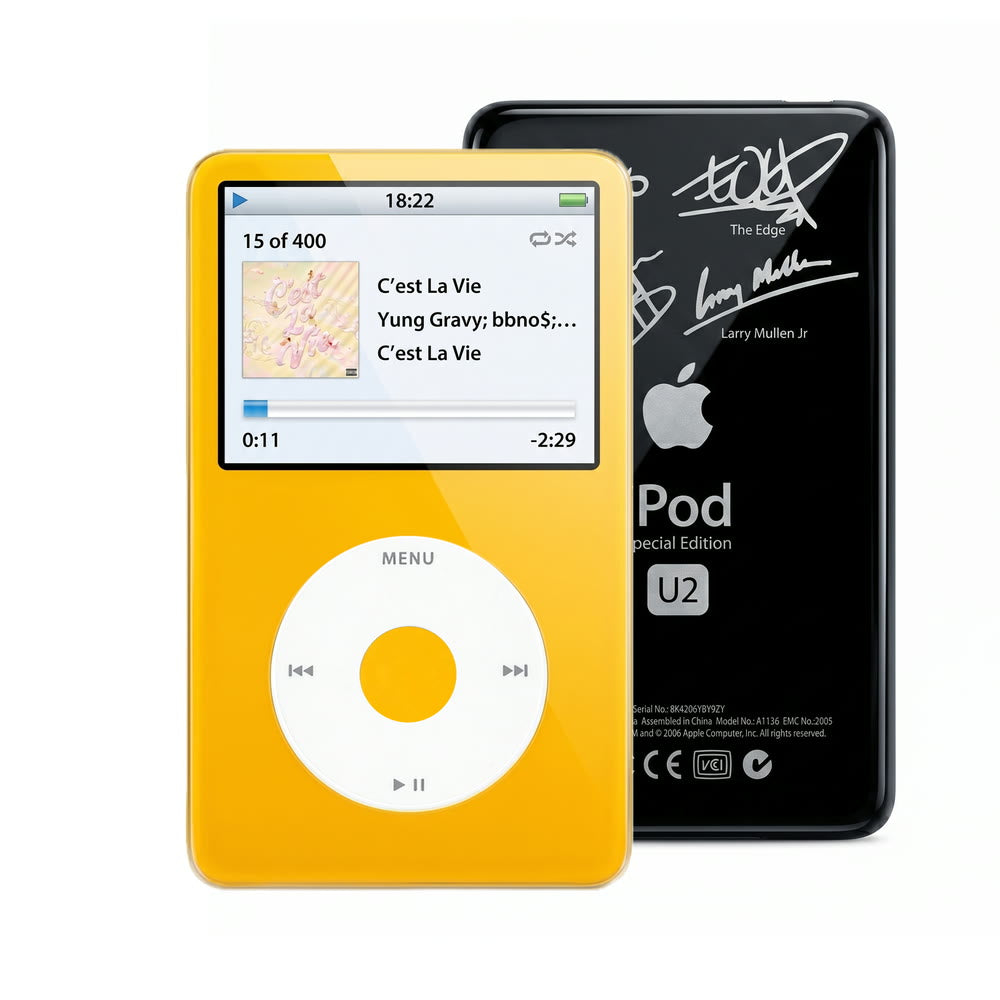 Yellow refurbished iPod Video 5.5 Gen with White click wheel and Black U2 back plate