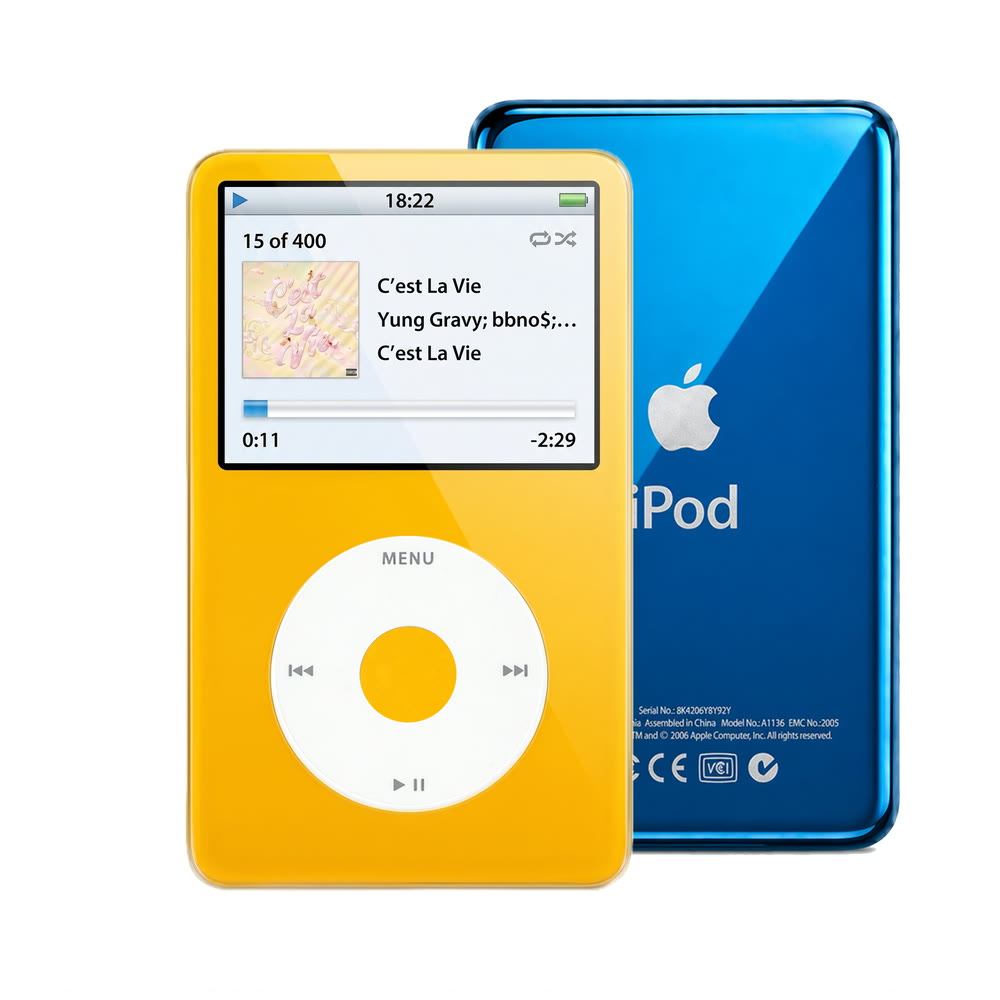 Yellow refurbished iPod Video 5.5 Gen with White click wheel and Blue back plate