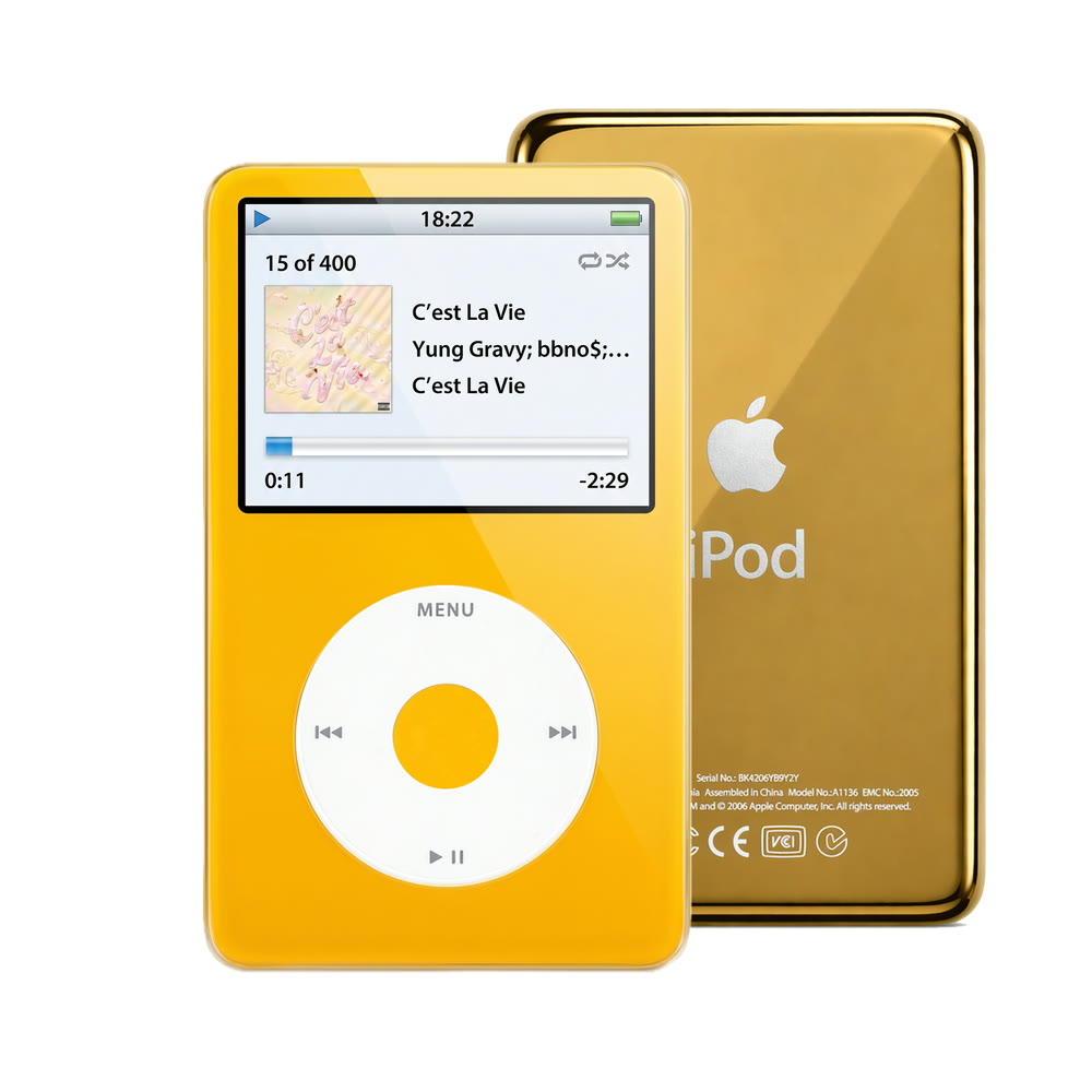 Yellow refurbished iPod Video 5.5 Gen with White click wheel and Gold back plate
