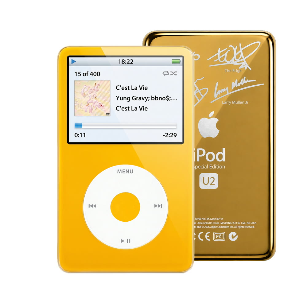 Yellow refurbished iPod Video 5.5 Gen with White click wheel and Gold U2 back plate