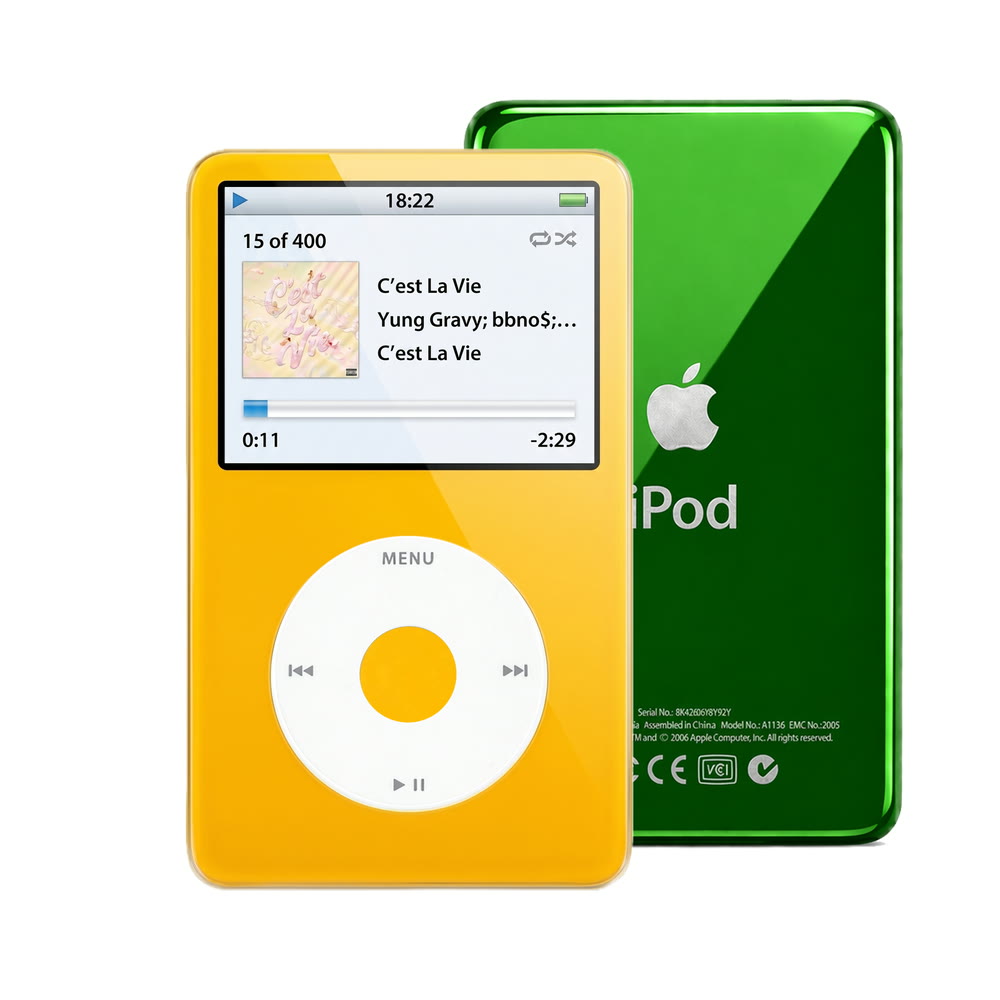 Yellow refurbished iPod Video 5.5 Gen with White click wheel and Green back plate
