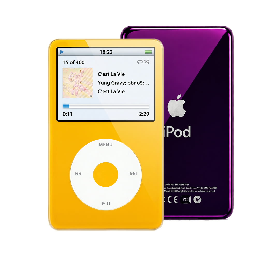 Yellow refurbished iPod Video 5.5 Gen with White click wheel and Purple back plate