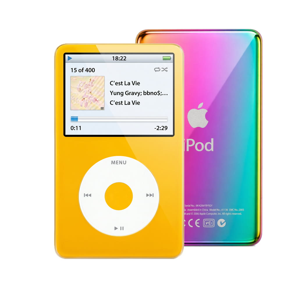 Yellow refurbished iPod Video 5.5 Gen with White click wheel and Rainbow back plate
