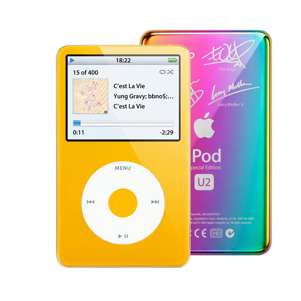 Yellow refurbished iPod Video 5.5 Gen with White click wheel and Rainbow U2 back plate