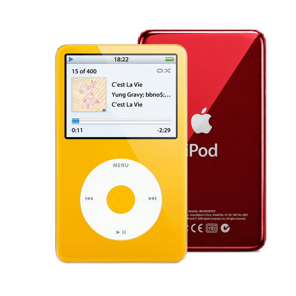Yellow refurbished iPod Video 5.5 Gen with White click wheel and Red back plate