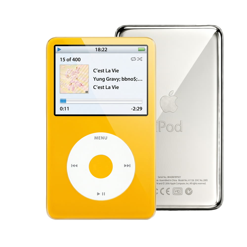 Yellow refurbished iPod Video 5.5 Gen with White click wheel and Silver back plate