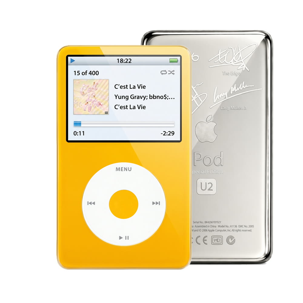 Yellow refurbished iPod Video 5.5 Gen with White click wheel and Silver U2 back plate