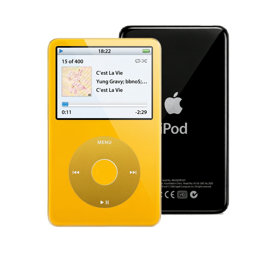 Yellow refurbished iPod Video 5.5 Gen with Yellow click wheel and Black back plate