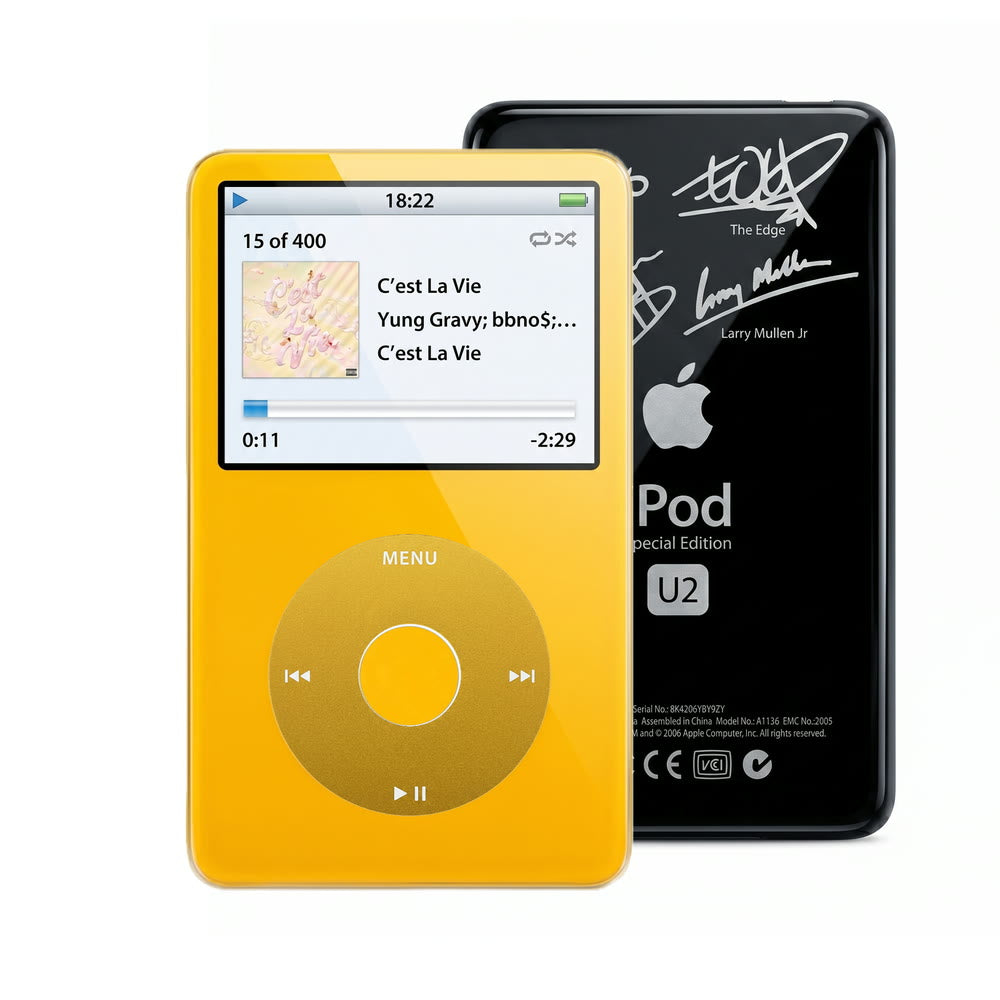 Yellow refurbished iPod Video 5.5 Gen with Yellow click wheel and Black U2 back plate